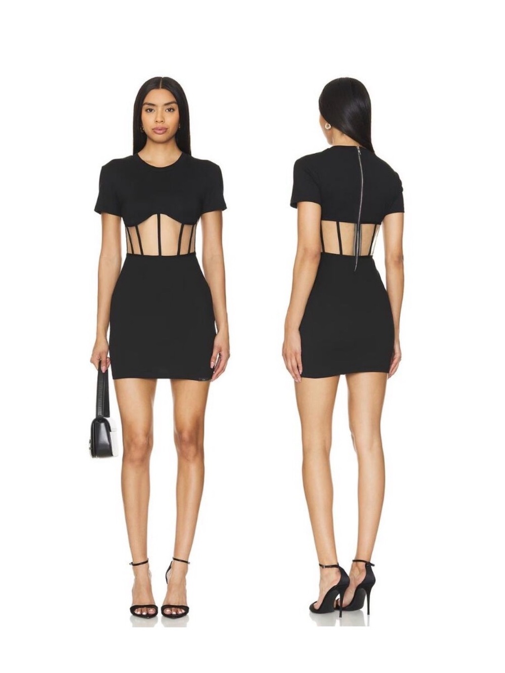 RTA Angela Corset Mini Dress Bodycon Mesh Bodice Edgy Minimalist Black Size L